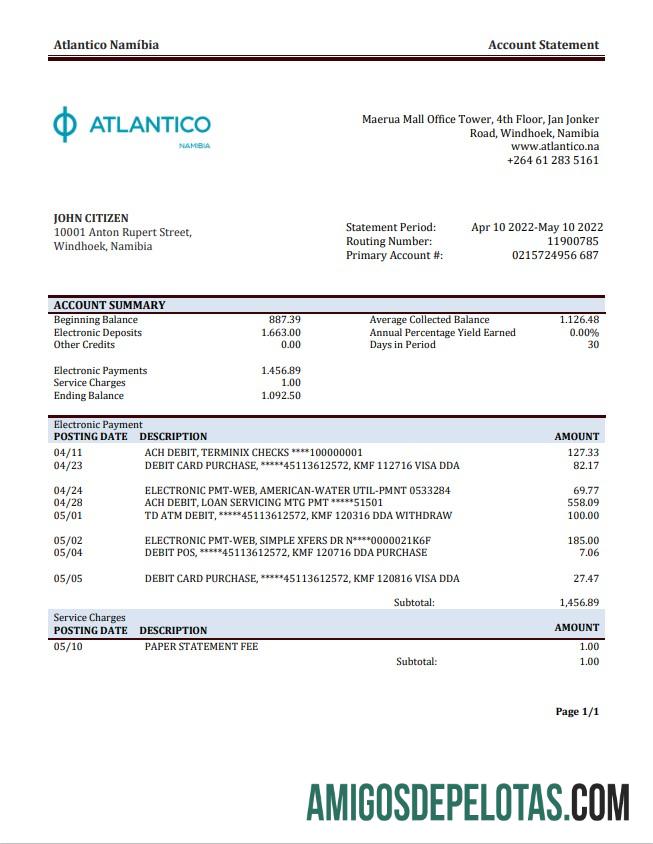 Namibia Atlantico modelo de extrato bancário